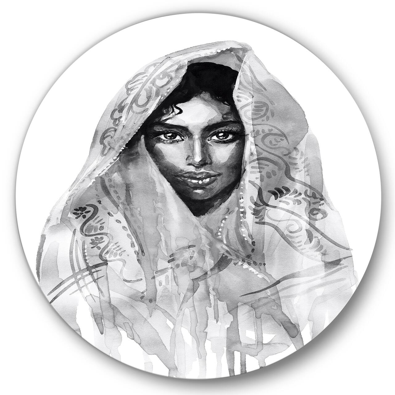Designart - Monochrome Portrait of Young Indian Woman I - Modern Metal Circle Wall Art
